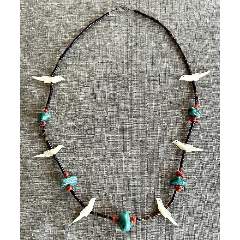Bird Fetish Necklace Turquoise Coral MOP Shell Heishi Southwest 30in